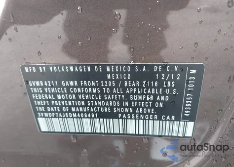 2013 Volkswagen Jetta 2.5L Se из США, поврежденный, VIN 3VWDP7AJ5DM408491